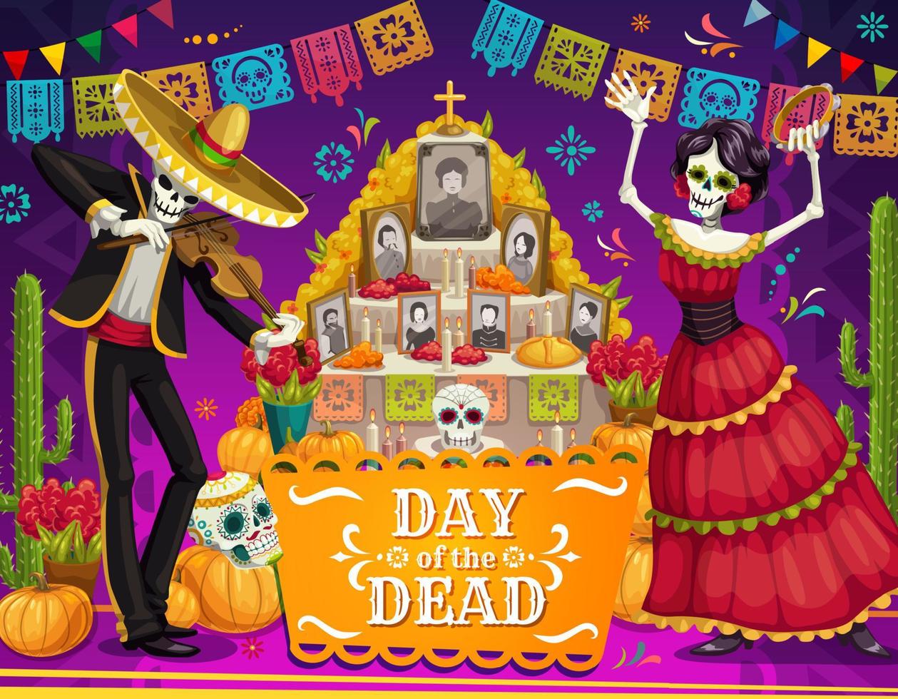 Mexican Day of Dead skeletons, altar, sugar skulls vector