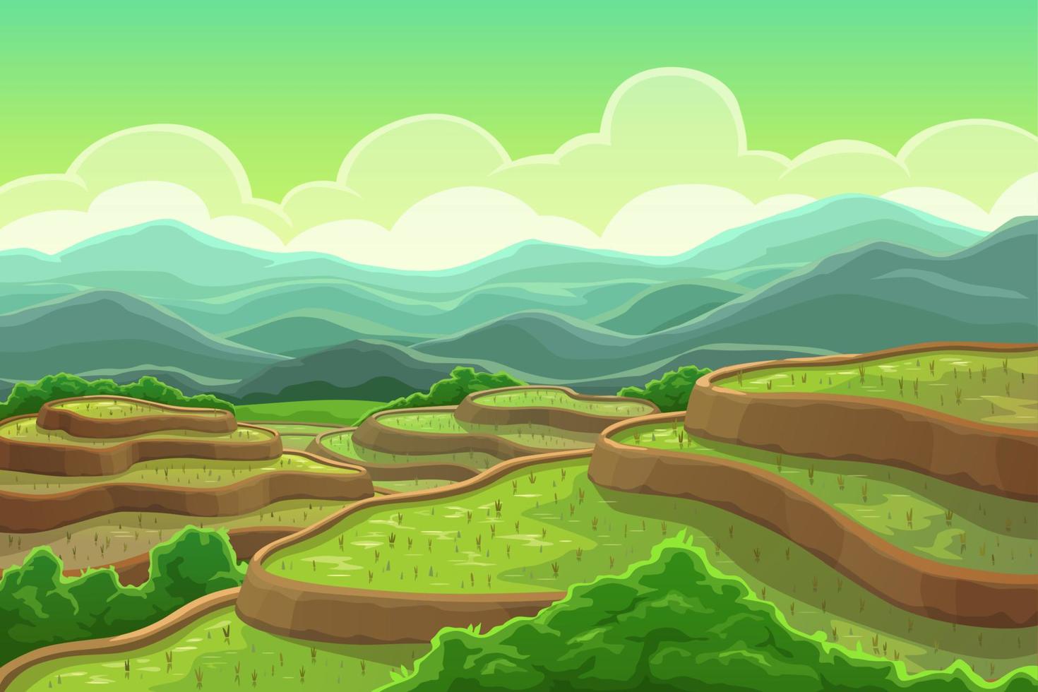 Rice fields plantation, mountain cascade landscape vector