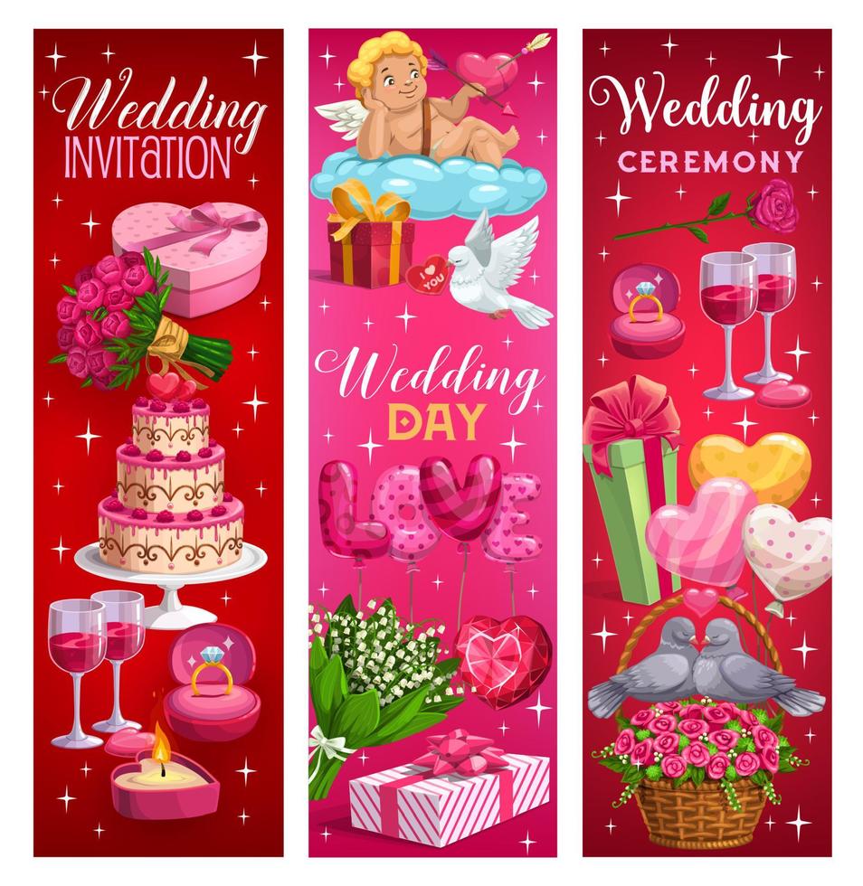 Marriage ceremony invitations, wedding day symbols vector
