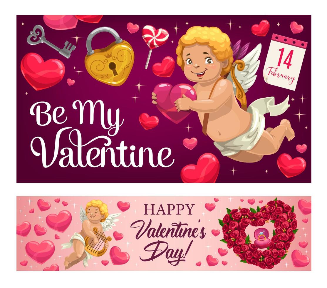 regalos del día de san valentín, corazones de amor y cupidos vector