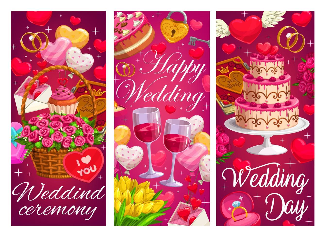 boda, ceremonia de matrimonio vector banners de dibujos animados