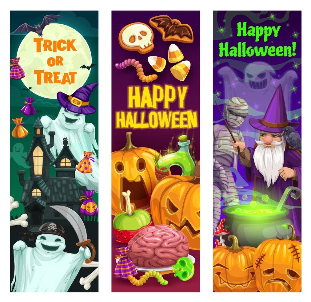 calabazas de halloween, fantasmas, momia y mago vector