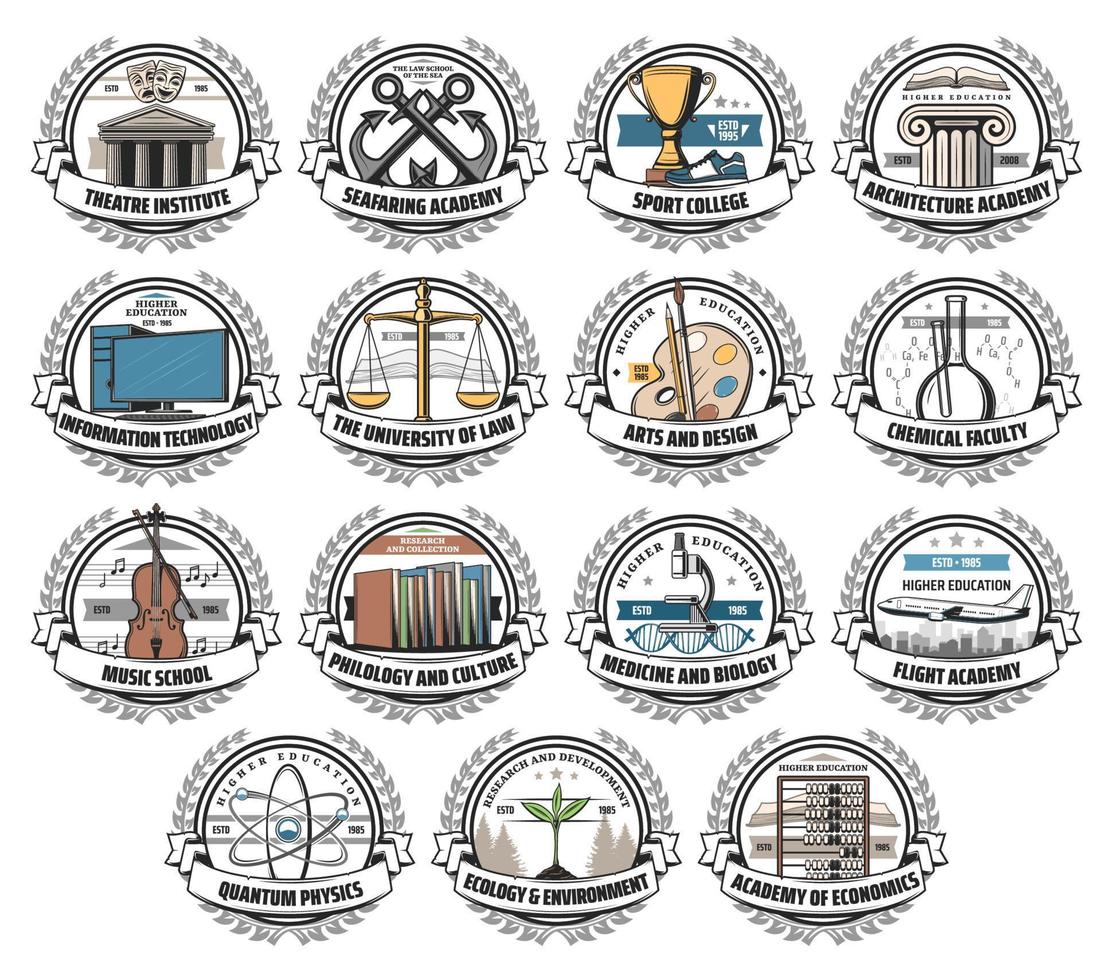 University, college and academy vector icons