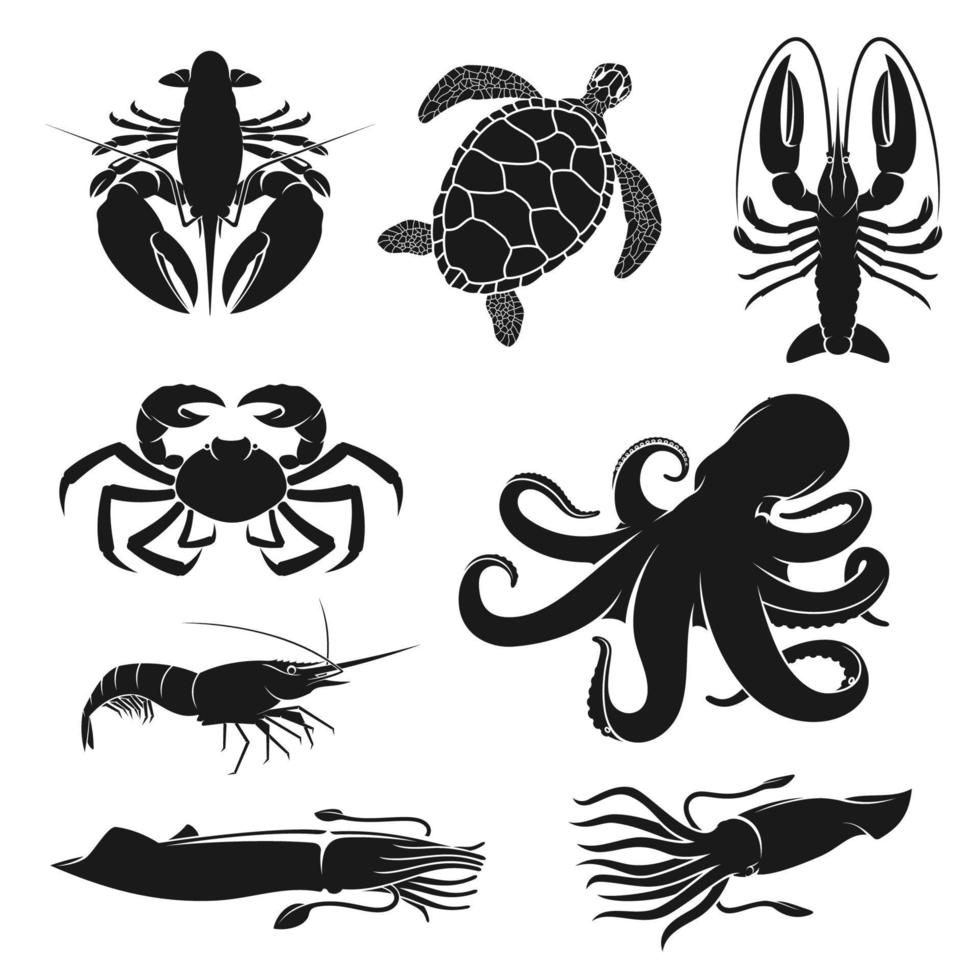 Seafood, octopus, turtle, shrimp and crustaceans vector