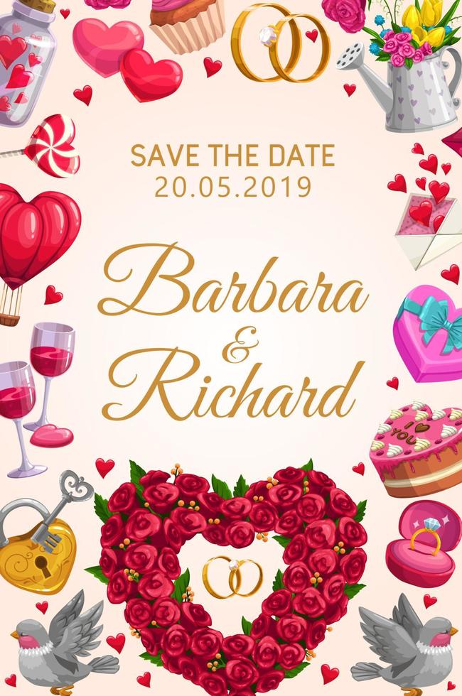 Save the Date wedding rings and flowers heart vector