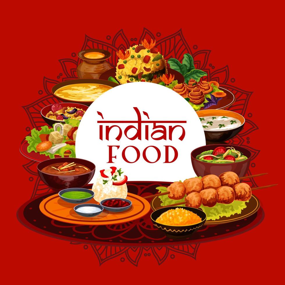 Indian food, traditional Indian cuisine menu vector