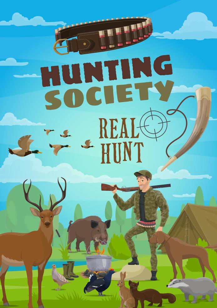 cazador con rifle y animales vector