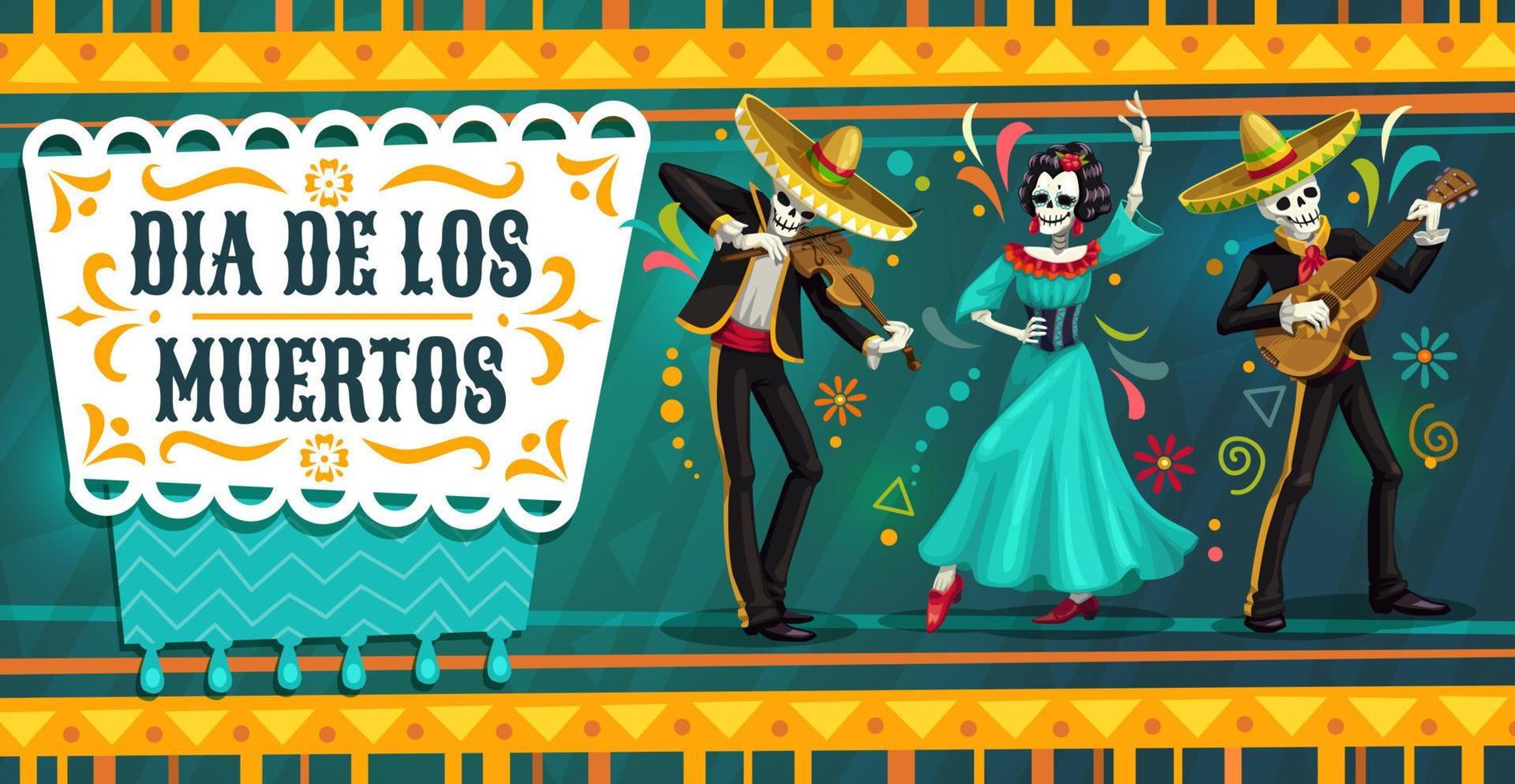 esqueletos y catrina bailando en la fiesta del día de muertos vector