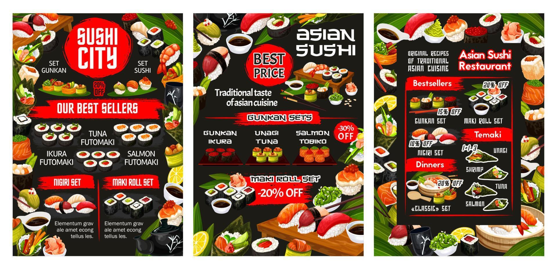 menú de sushi japonés, buffet de restaurante de comida asiática vector