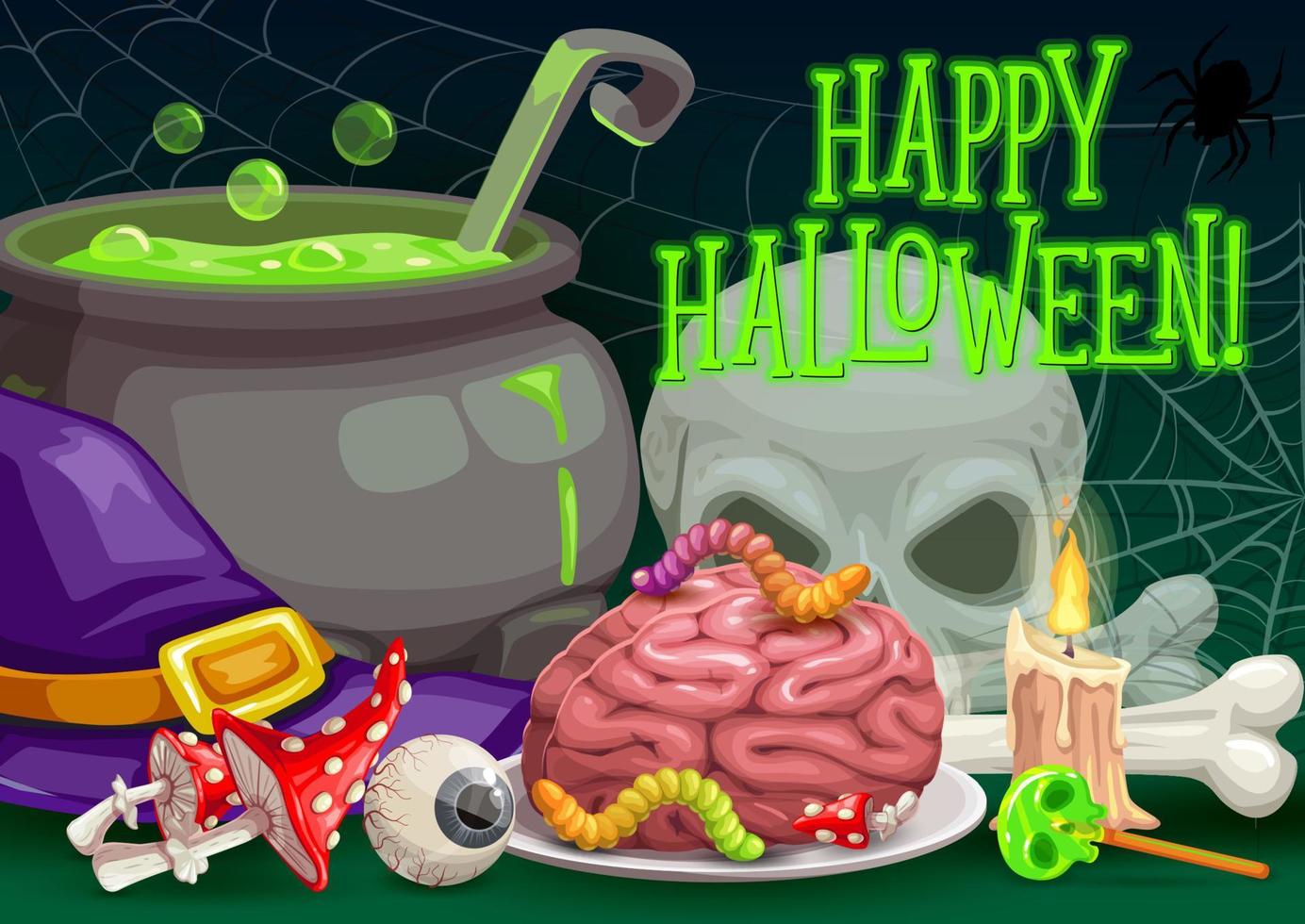 Halloween witch hat, spider, skull, zombie brain vector