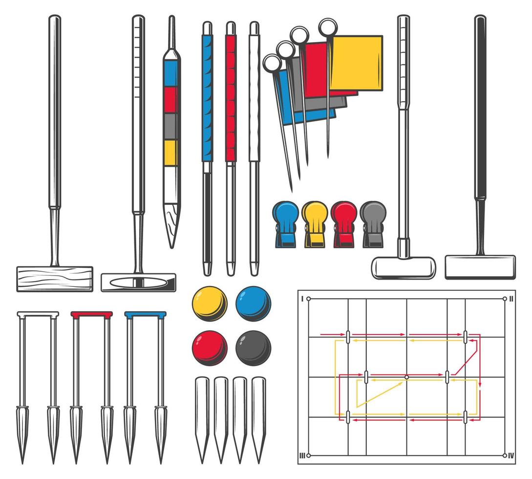 Croquet sport equipment and game accessory icons vector