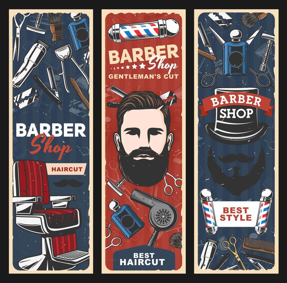 Barbershop chair, razors, poles and man with beard vector
