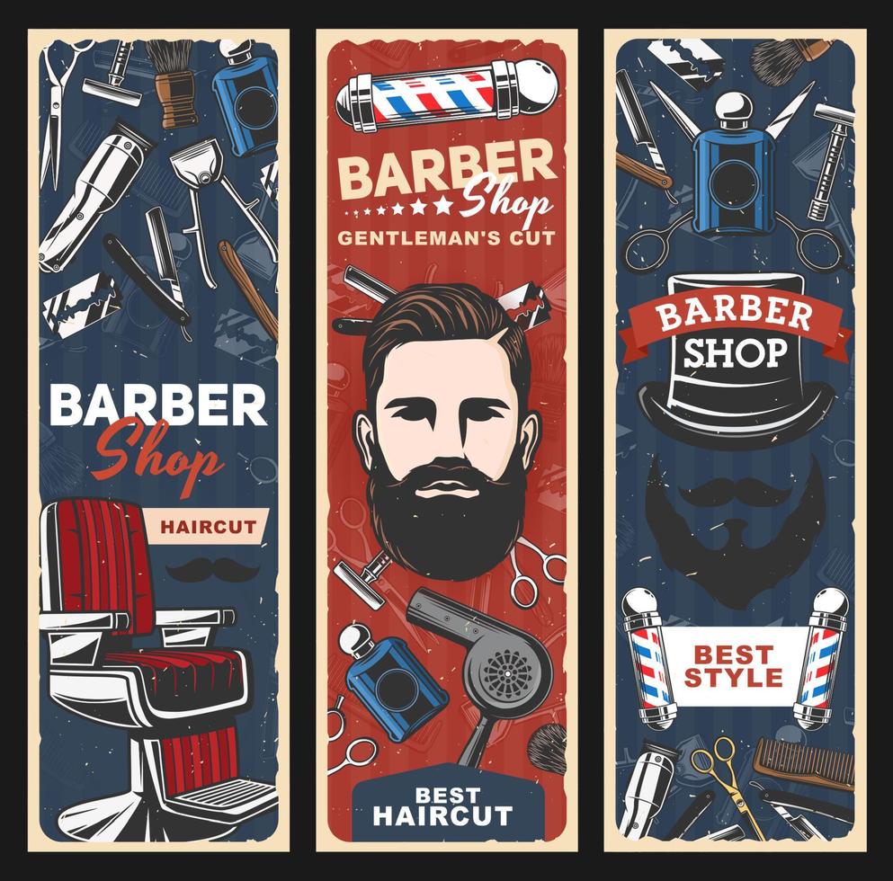 silla de barbería, maquinillas de afeitar, postes y hombre con barba vector