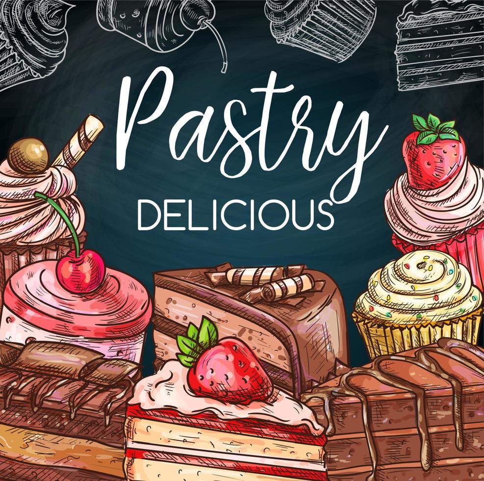 Cakes, cupcakes and muffins with cream and fruits vector