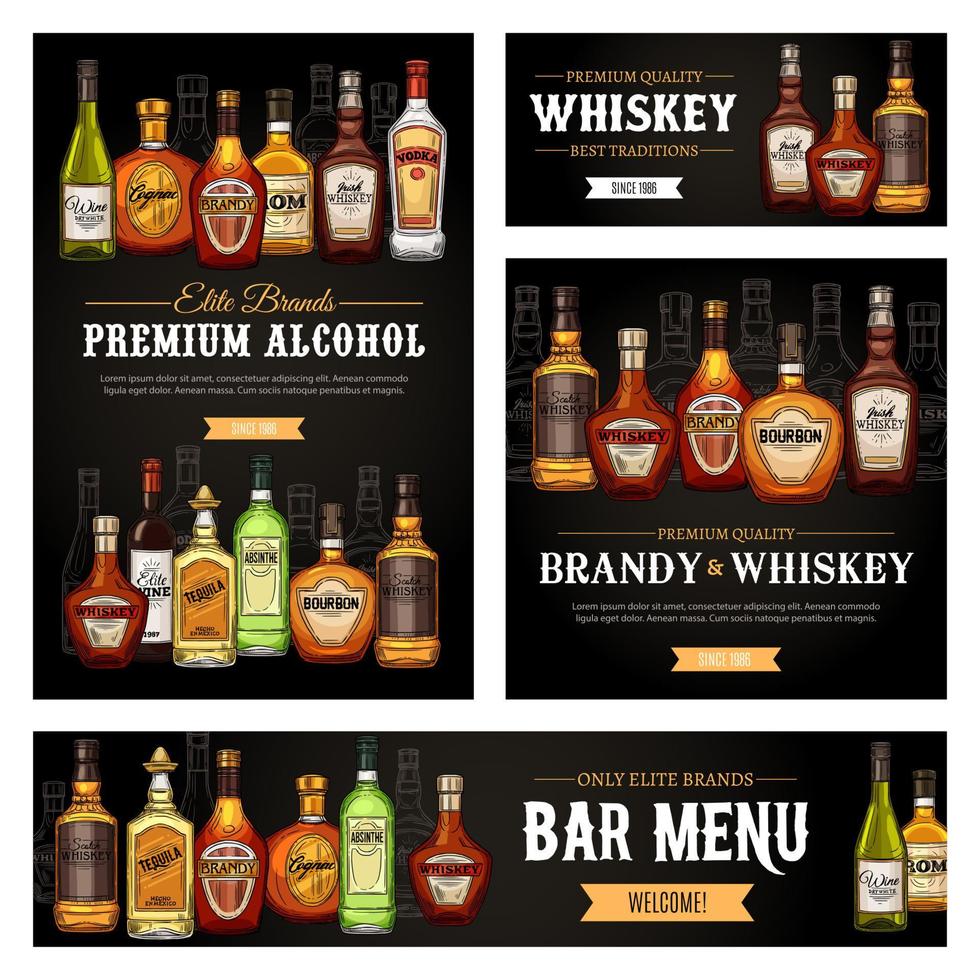 Whiskey, rum and tequila alcohol drinks bar menu vector