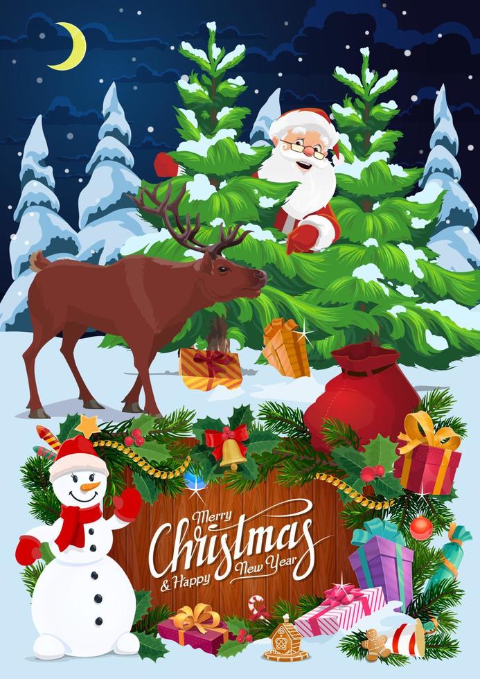 Santa, snowman and deer with Christmas tree, gifts vector