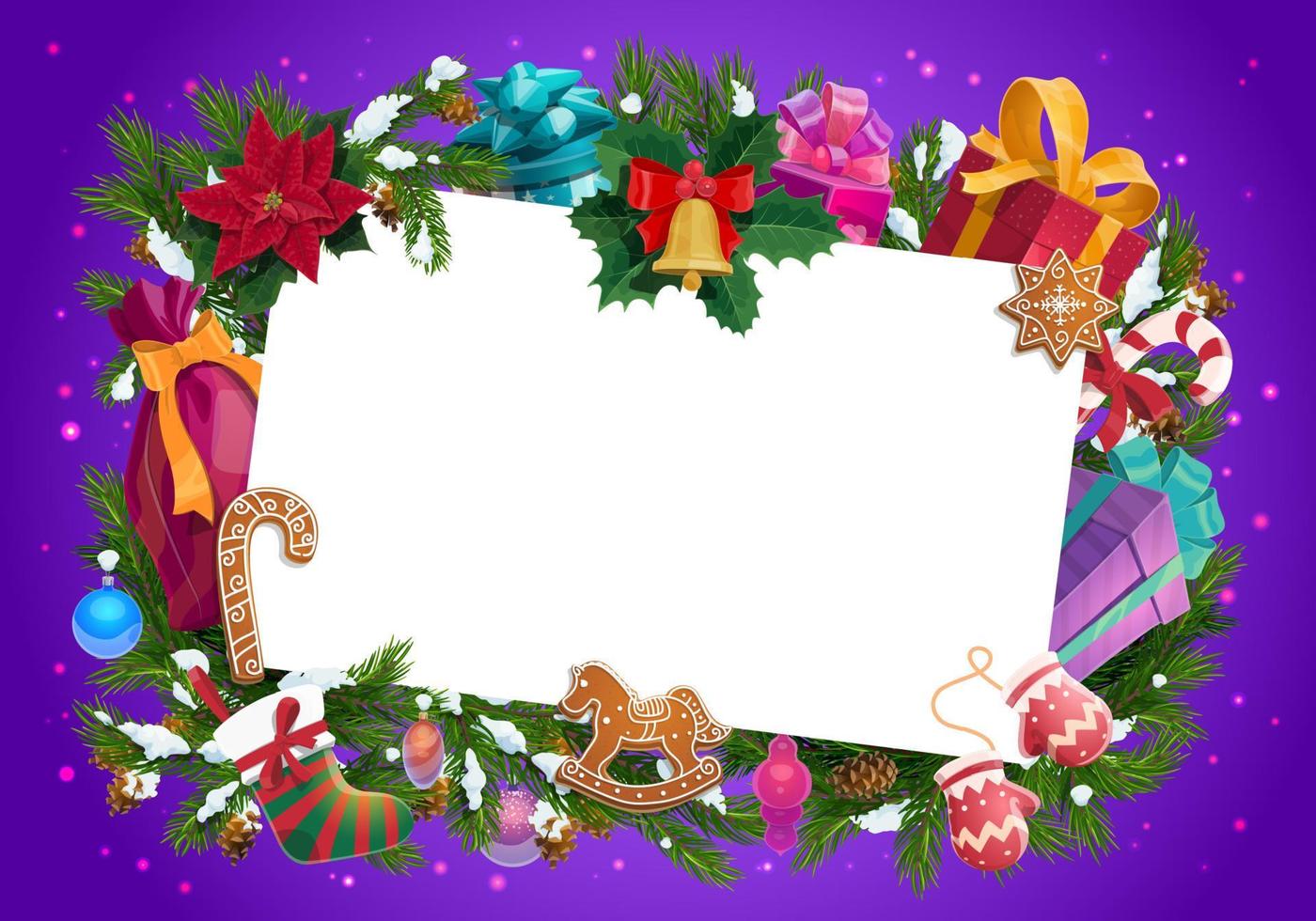 Christmas frame of Xmas tree, gifts and bell vector