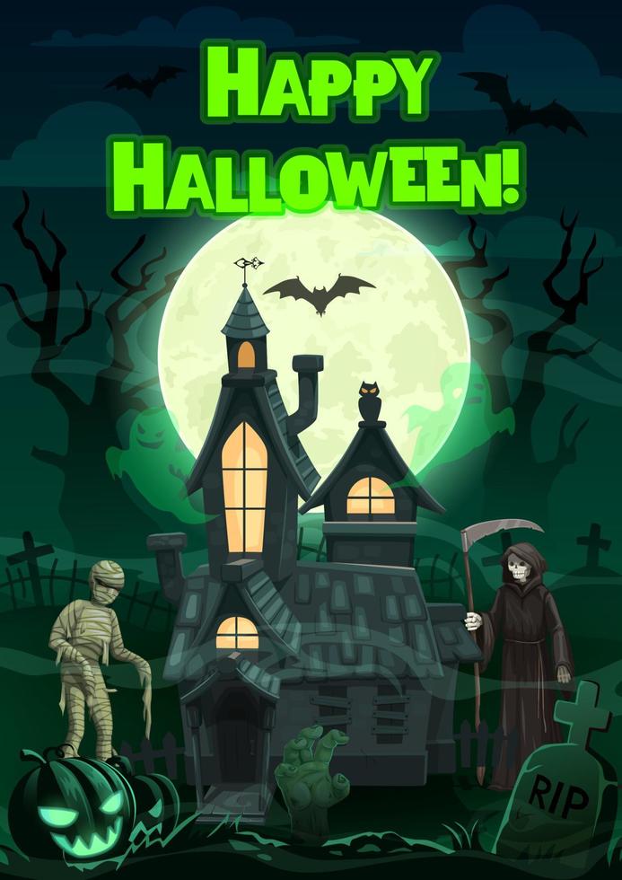 fantasmas y monstruos de halloween con casa embrujada vector