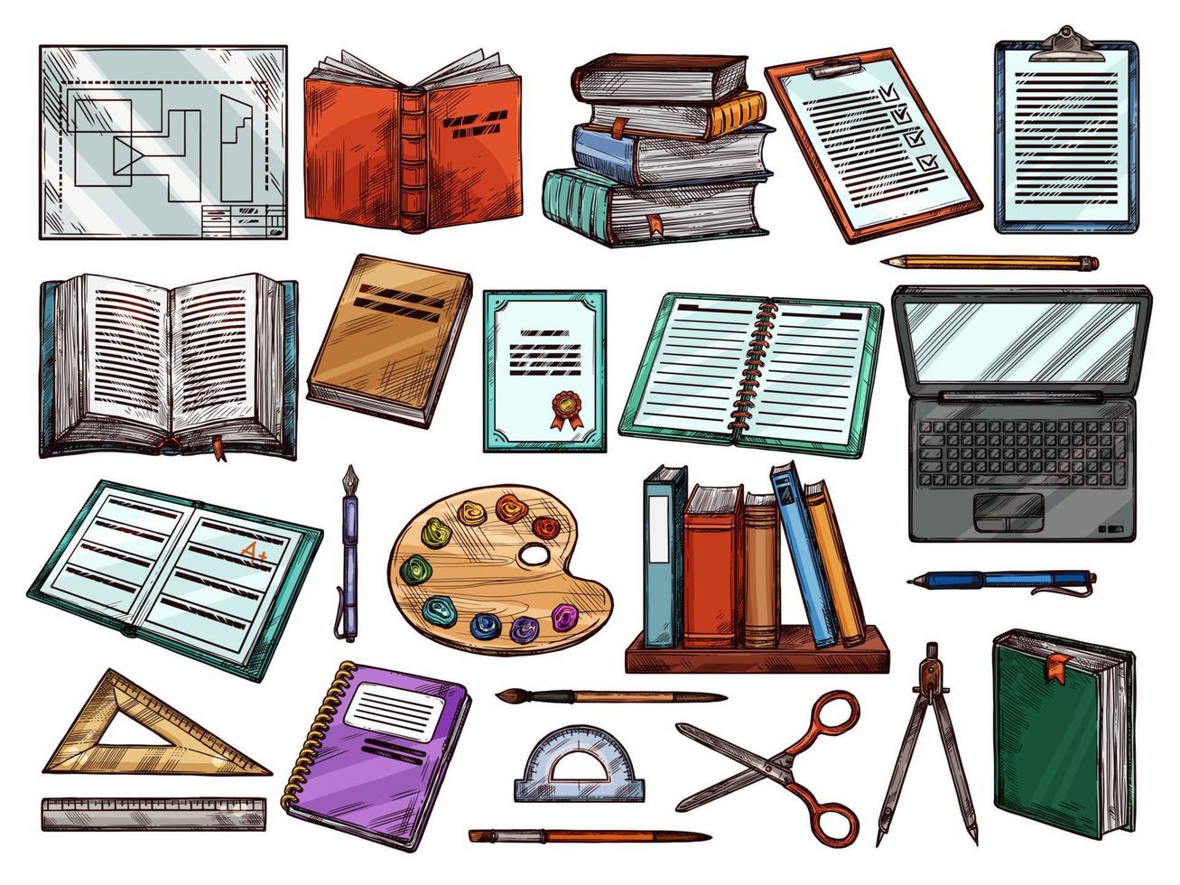 estudiar libros escolares, artículos de ciencia, bosquejo vector