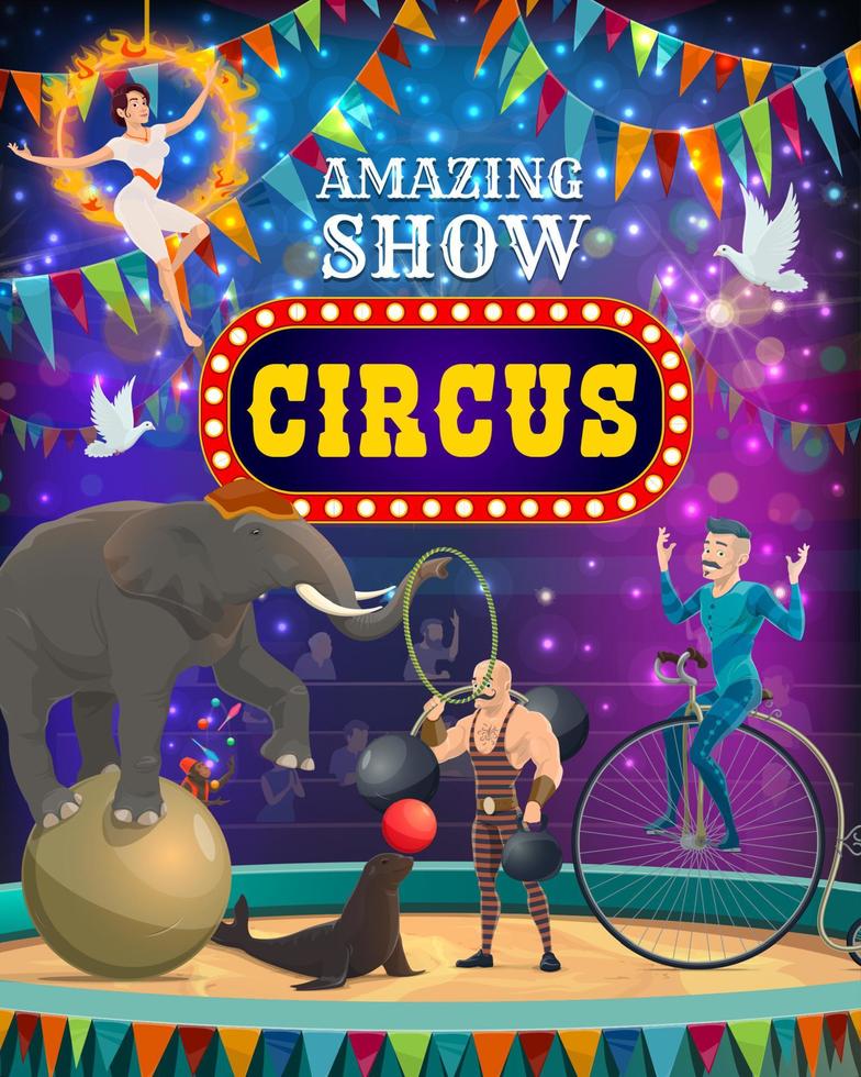 Big Top Circus Carnival, espectáculo de animales y magia. vector