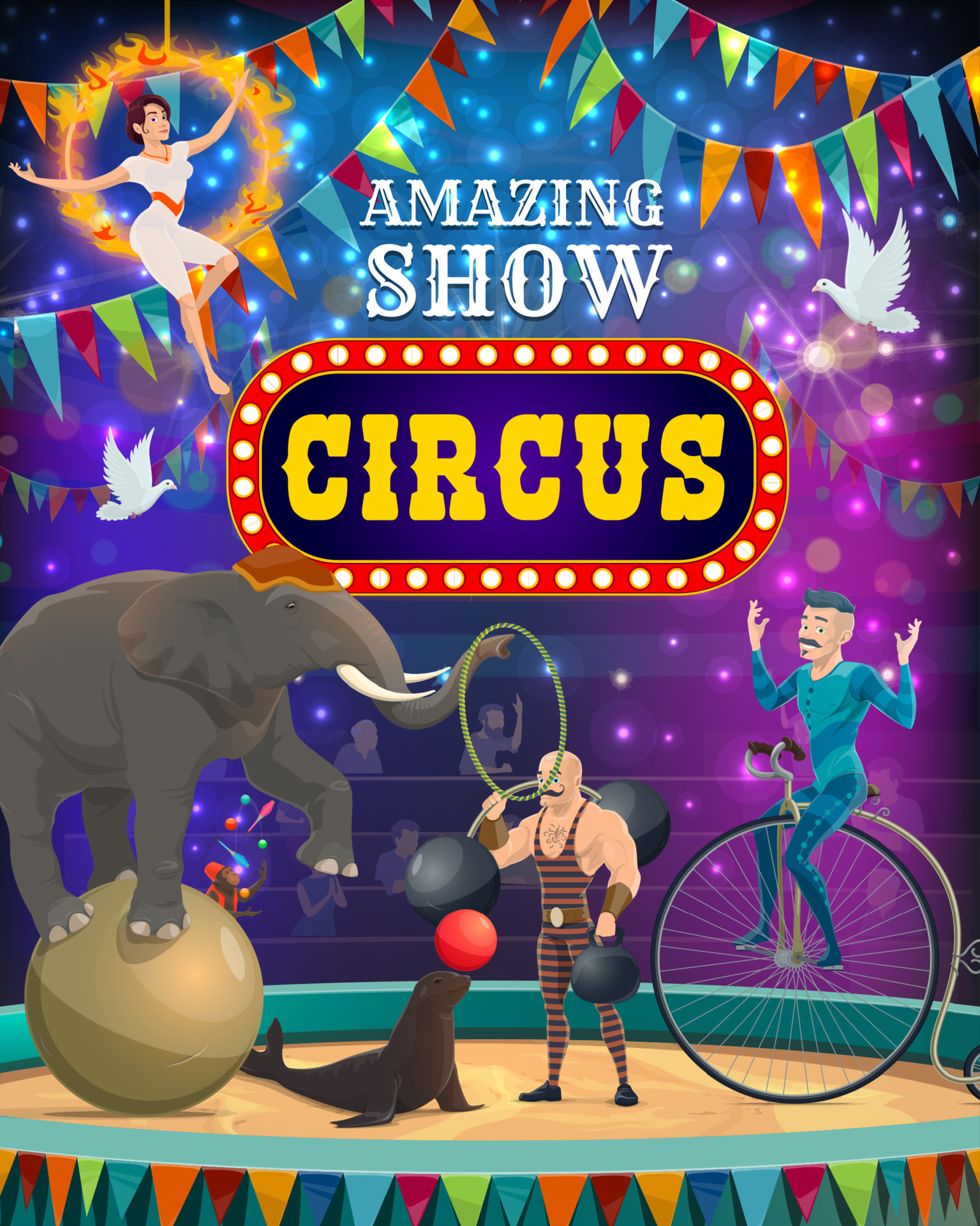 Big top circus carnival, animals and magic show 16545555 Vector Art at  Vecteezy