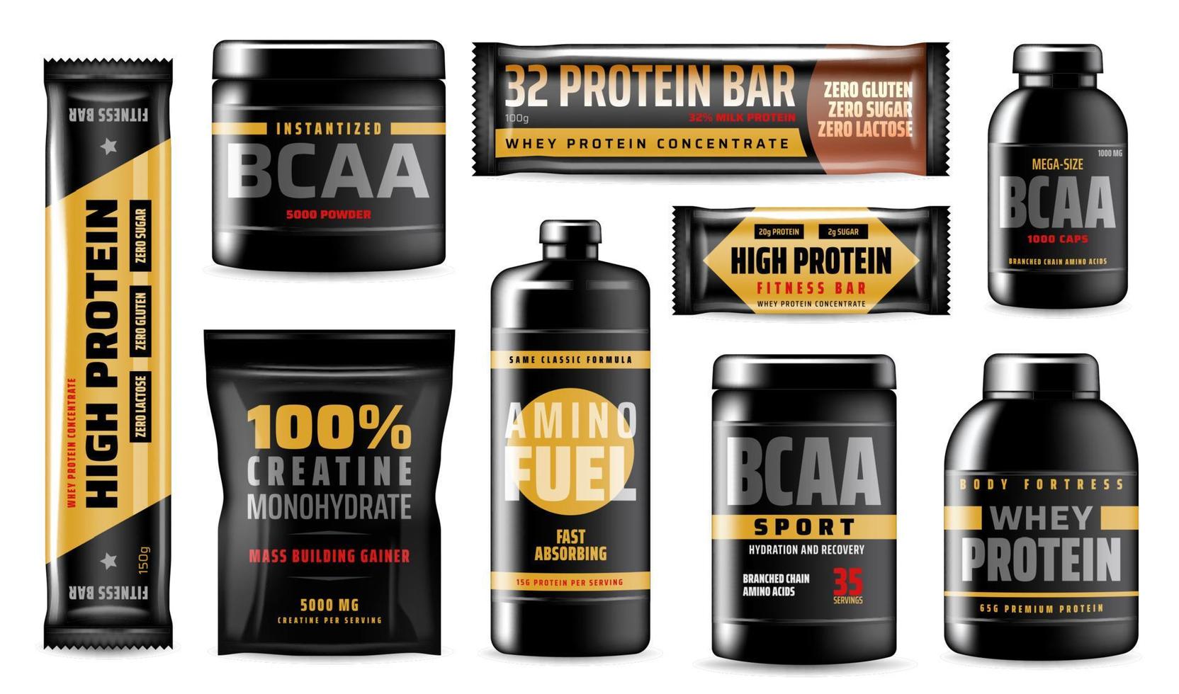 Protein containers, BCAA sport food supplements vector