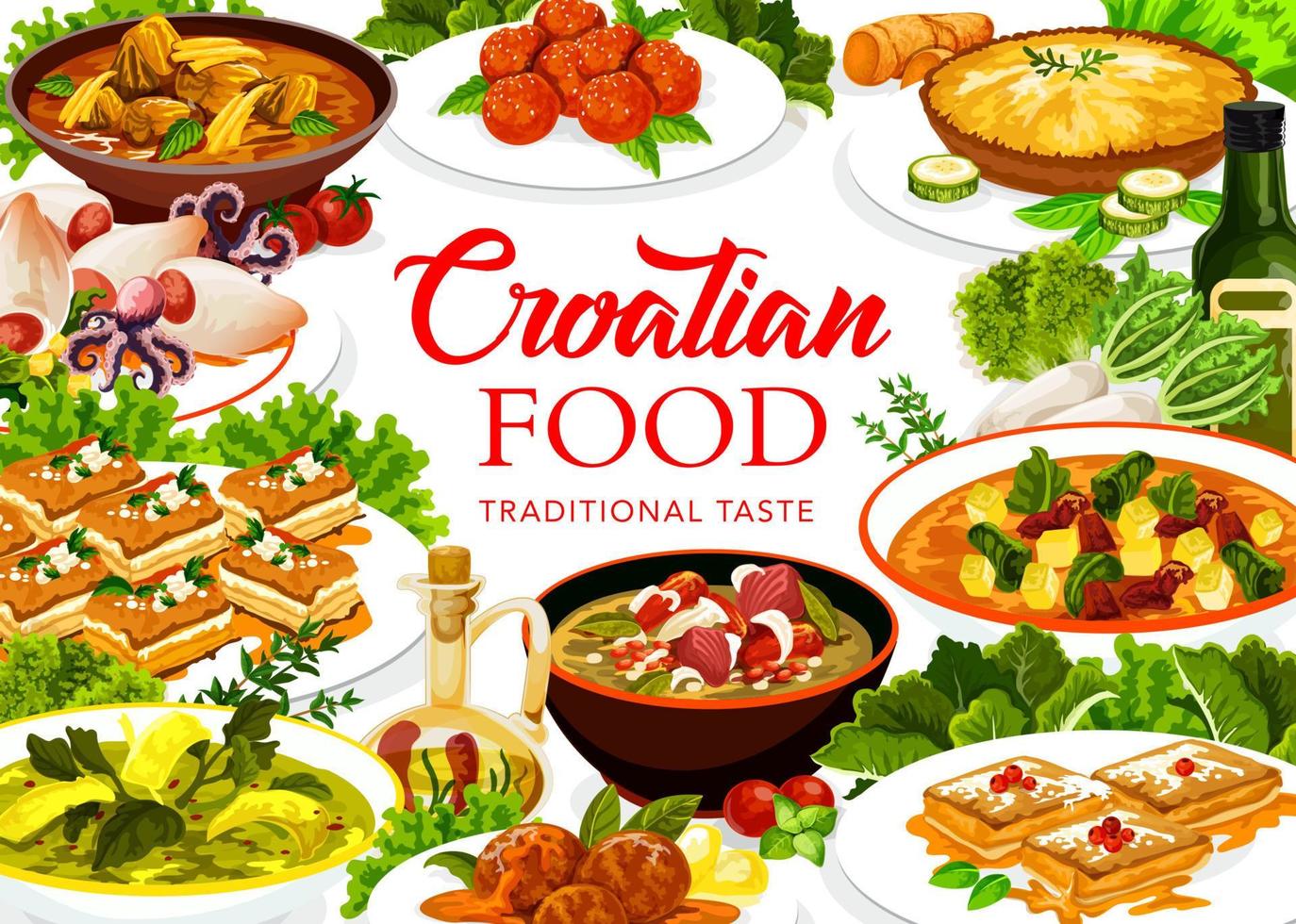 portada del menú del restaurante del cartel de comida de la cocina croata vector