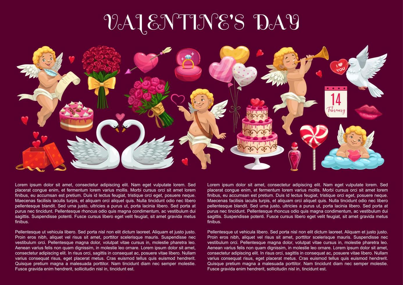 Valentines Day gifts, love hearts, cake and Cupids vector