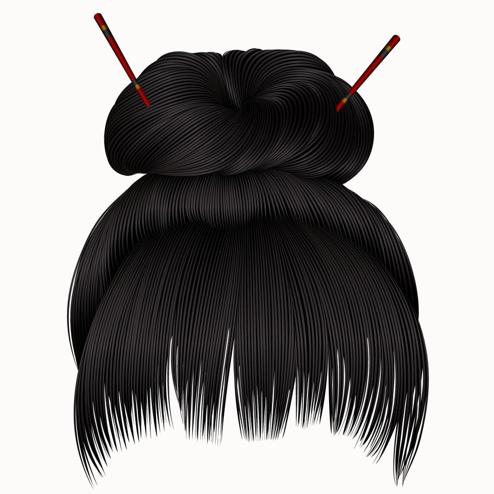 pelos de bollo con flecos morena oscura. estilo de belleza de moda de mujer. vector