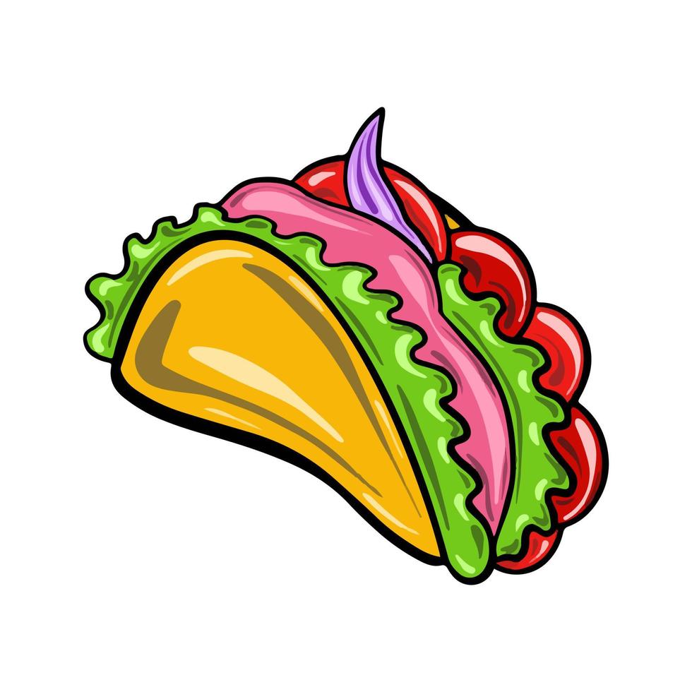 tacos vectoriales con jamón y tomates. comida rapida mexicana. ilustración de comida en estilo plano de dibujos animados. vector