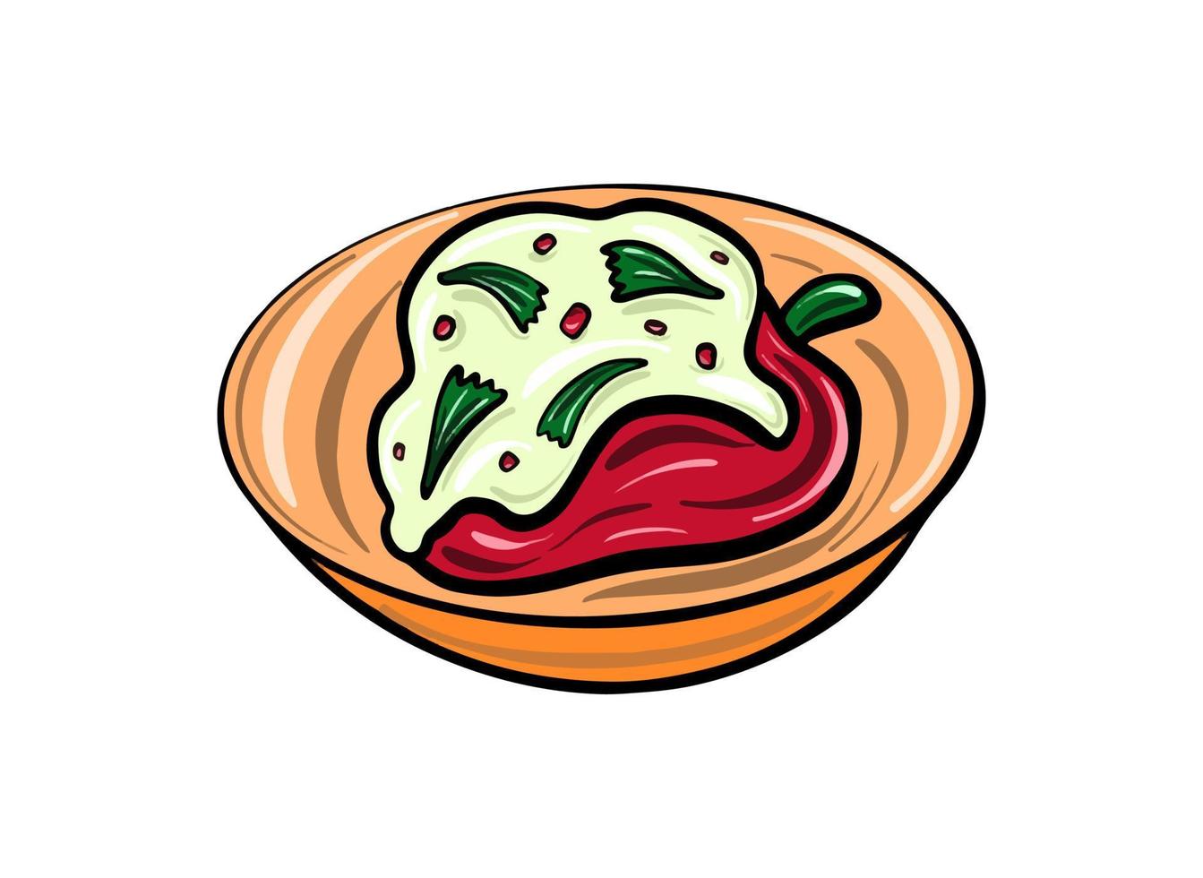 Vector de pimientos rellenos con hierbas y salsa. cocina tradicional mexicana. ilustración de comida en estilo plano de dibujos animados.