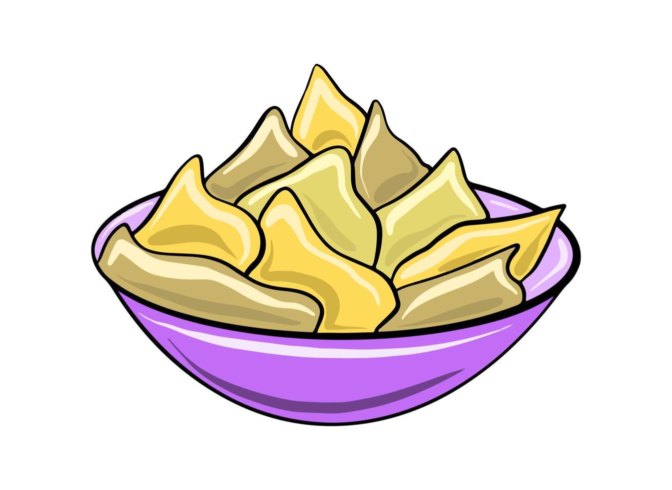 Vector Purple plate with nachos. Mexican fast food. Chips illustration in cartoon flat style.