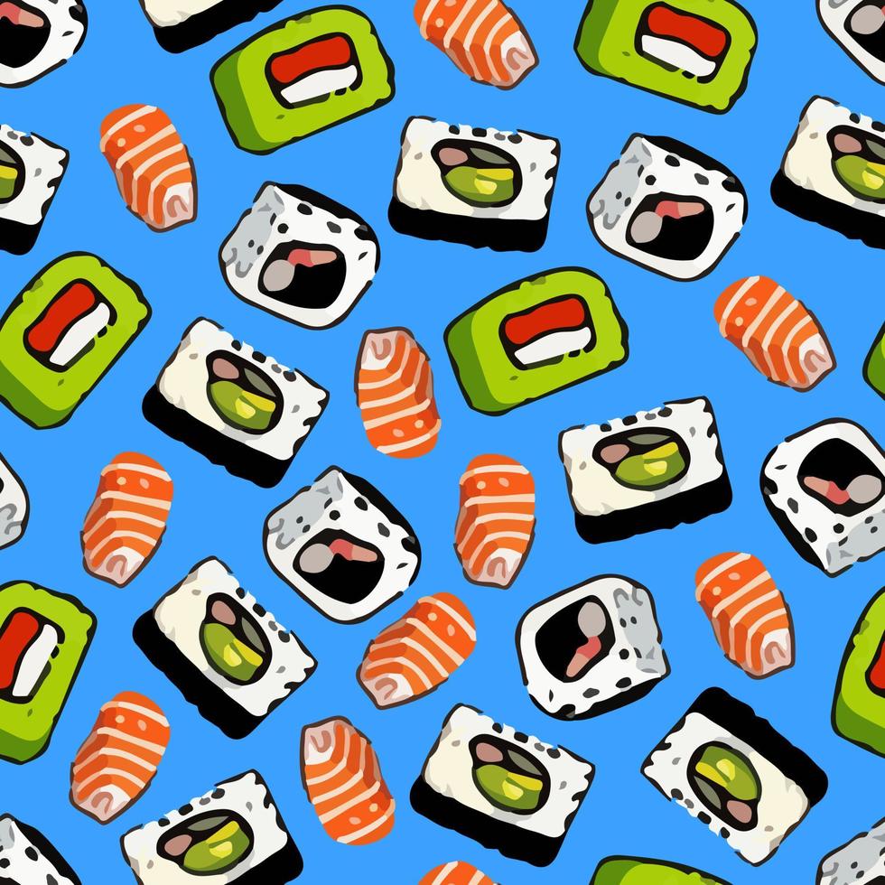 Vector sushi menu template with Philadelphia roll, California roll, Sake nigiri, Tamago nigiri isolated. Japanese food. Menu design. Seamless pattern with sushi