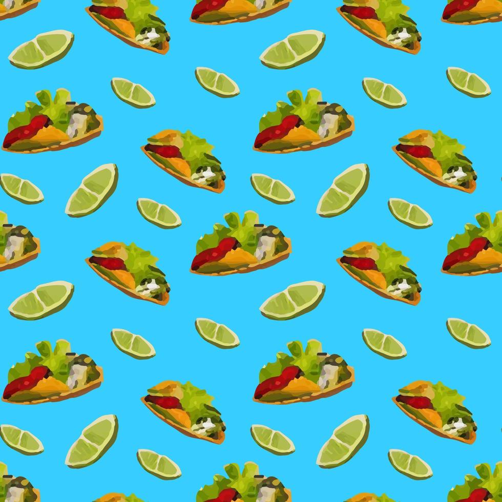 Pattern with Mexican traditional dishes. Taco, burrito, lime. Seamless pattern in cartoon style. vector