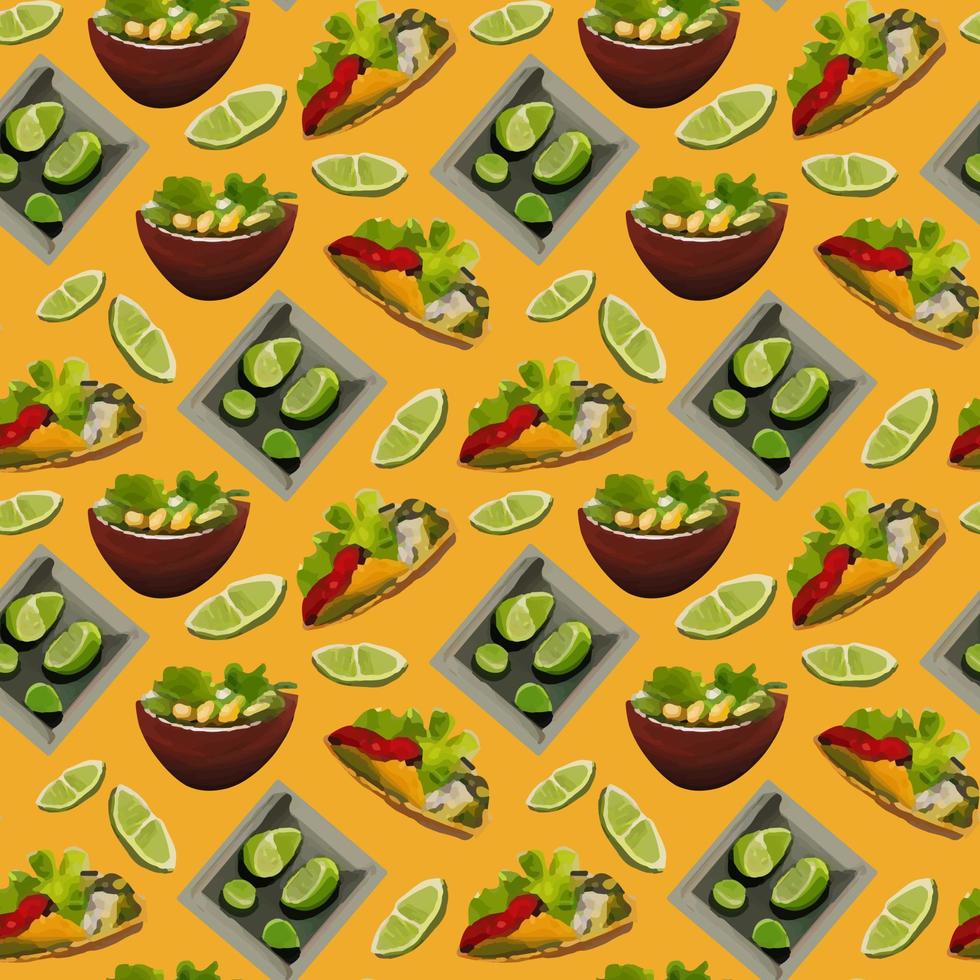 patrón con platos tradicionales mexicanos. taco, burrito, lima. patrón sin costuras en estilo de dibujos animados. vector