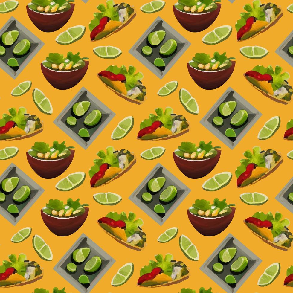 Pattern with Mexican traditional dishes. Taco, burrito, lime. Seamless pattern in cartoon style. vector