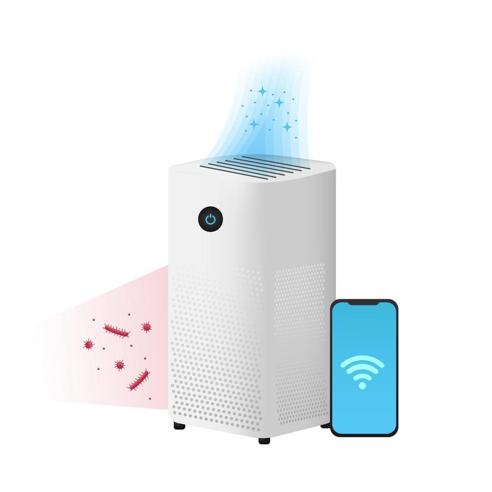 Air purifier isolated on white background. Cleaning bacteria and viruses. Clean air. Remote control of smartphone via wifi. Vector illustration.