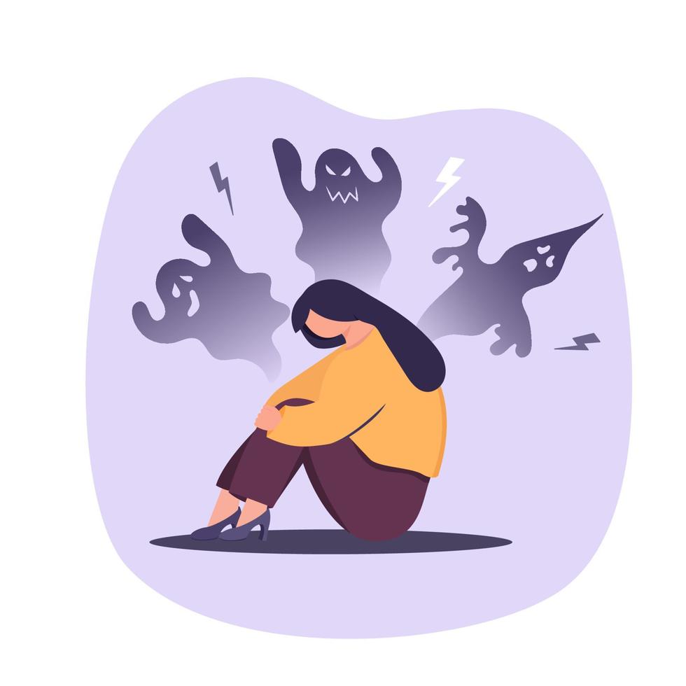 Feeling inner fears and panic concept. Fear, Insecurities haunting you. Young stressed frustrated woman cartoon character scared from huge shadows which symbolizes fear. Girl sitting feeling choked. vector