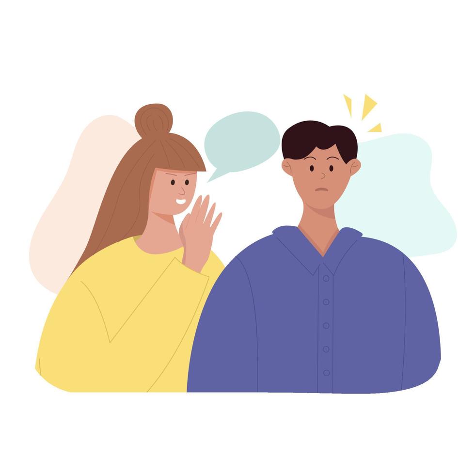 Surprised shocked person listening to rumors from girlfriend. Woman gossiping, telling, whispering secrets to man. Whispering in ear, slandering, spreading secrets, rumors, confidential information vector