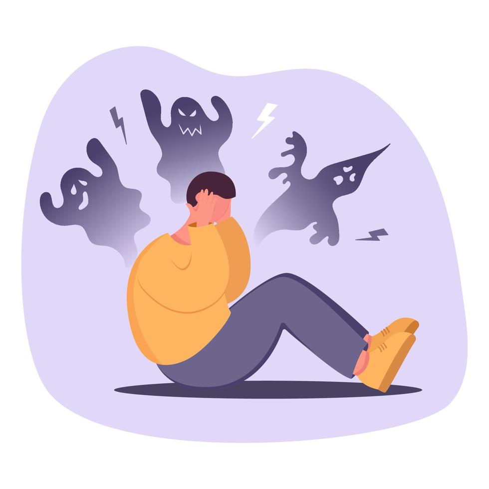 Feeling inner fears and panic concept. Fear, Insecurities haunting you. Young stressed frustrated man cartoon character scared from huge shadow vector