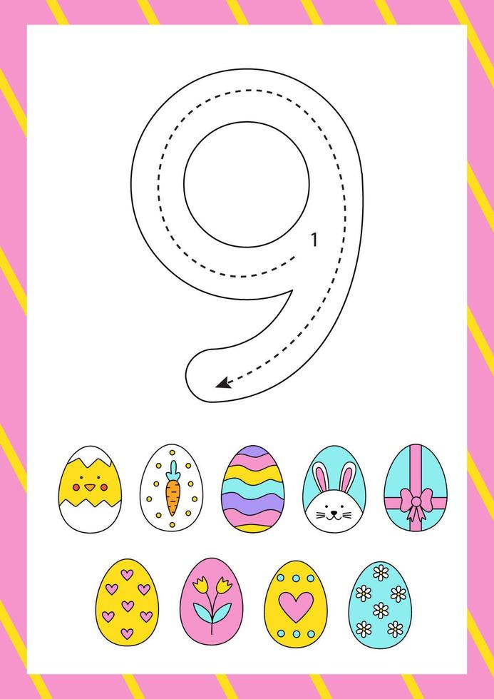 Easter flashcard how to write number nine. Worksheet for kids. vector