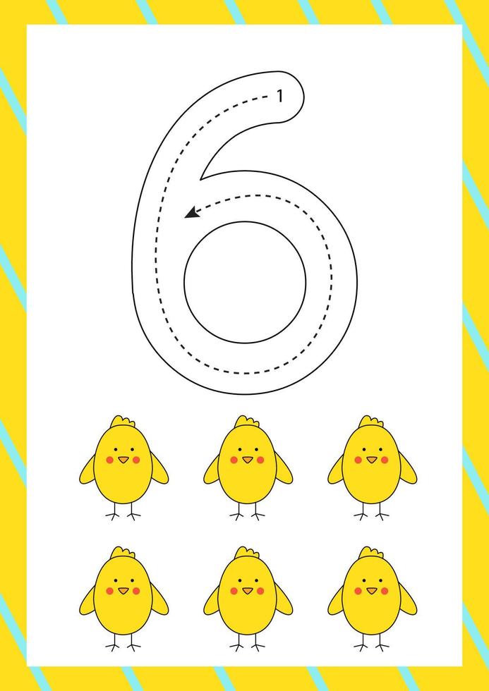 Easter flashcard how to write number six. Worksheet for kids. vector