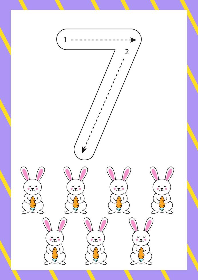 Easter flashcard how to write number seven. Worksheet for kids. vector