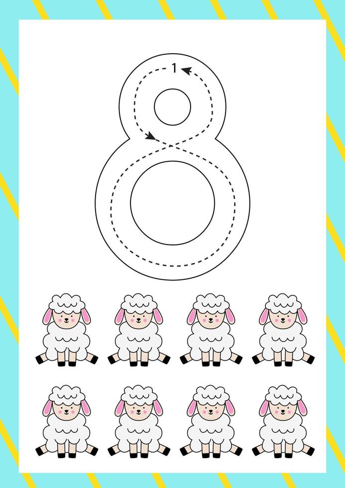 Easter flashcard how to write number eight. Worksheet for kids. vector
