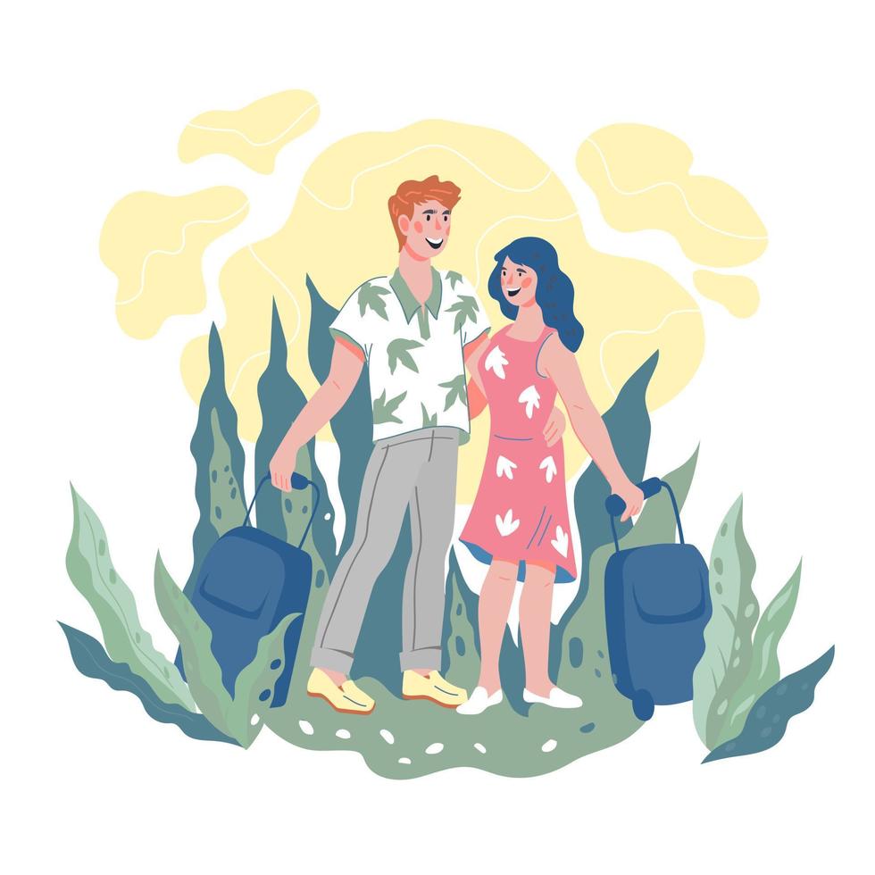 pareja de vacaciones y tema de vacaciones conjuntas con personajes de dibujos animados de hombre y mujer con maletas. pareja de jóvenes turistas viajando juntos. ilustración vectorial plana aislada. vector