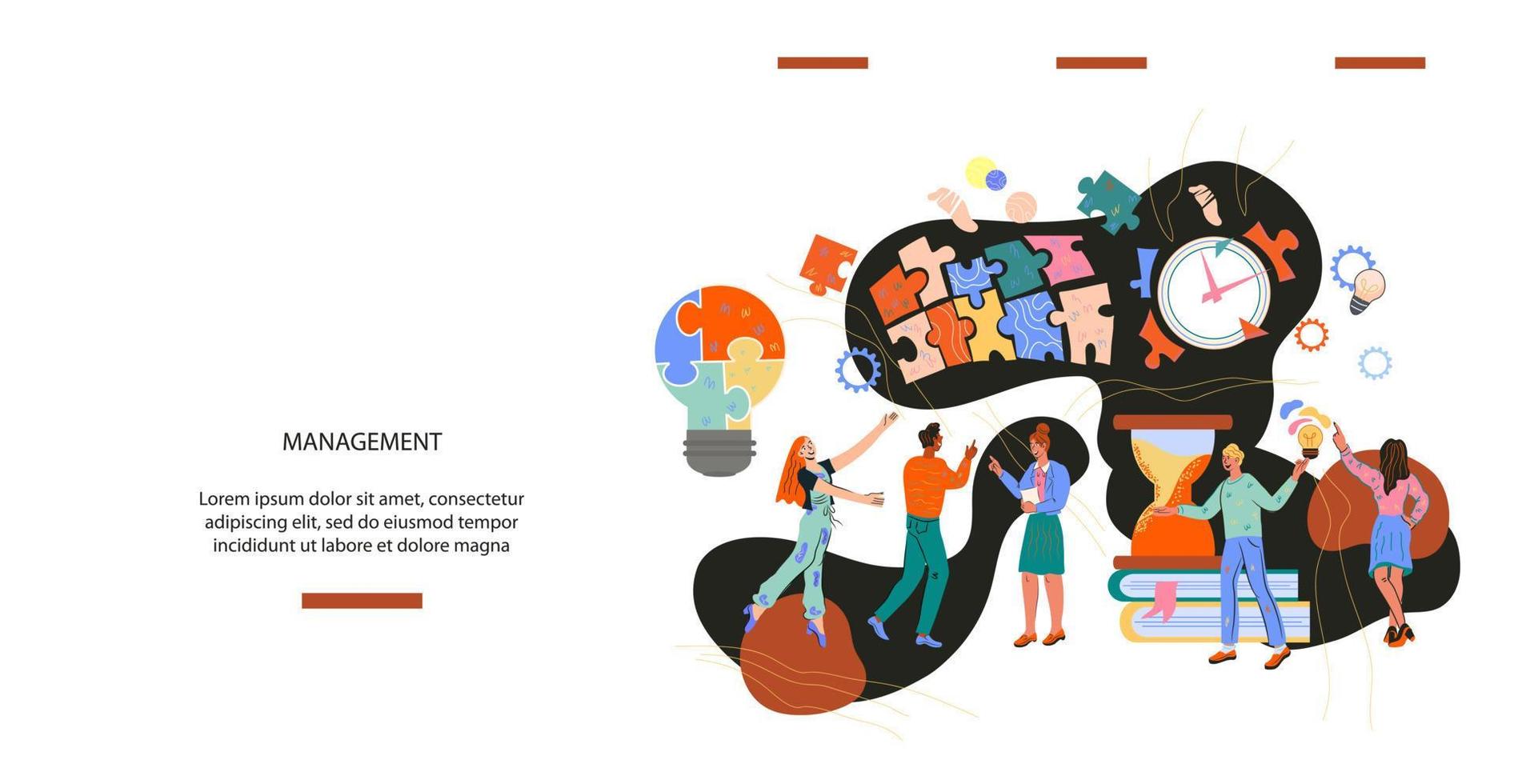 Presentation slide template or landing page website mockup for business management and company leadership. Teamwork and cooperation, partnership and meeting concept. Cartoon vector illustration.