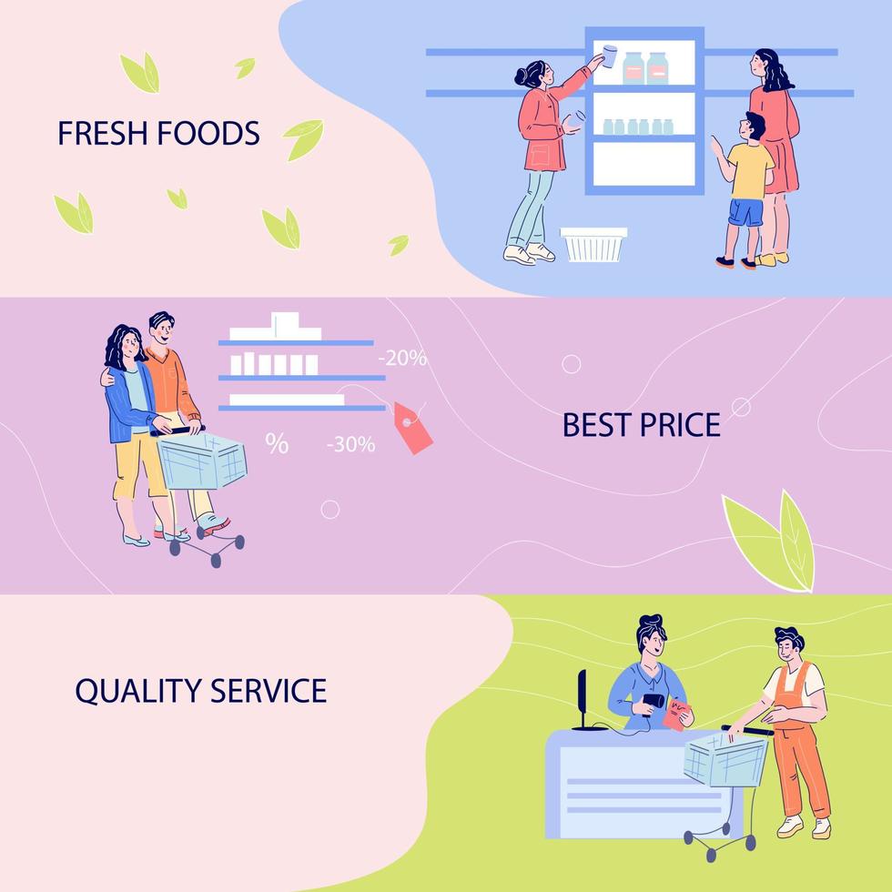 Set of horizontal banners or flyers with people shopping in supermarket. People purchasing goods in grocery store. Discount and sale posters. Flat vector illustration in trendy cartoon style.