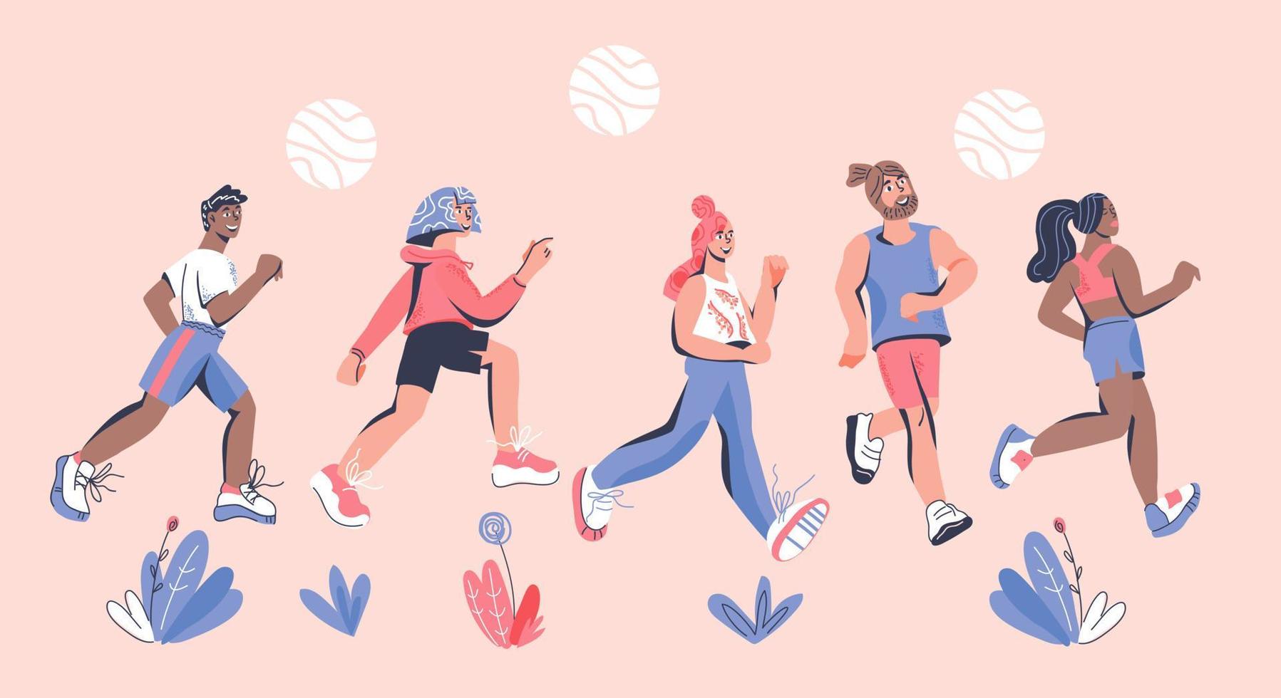 diseño de pancartas con maratonistas corriendo personajes deportivos. Ejecutar competencia o plantilla de póster de carrera de maratón. estilo de vida saludable y deportes. ilustración vectorial de dibujos animados plana. vector