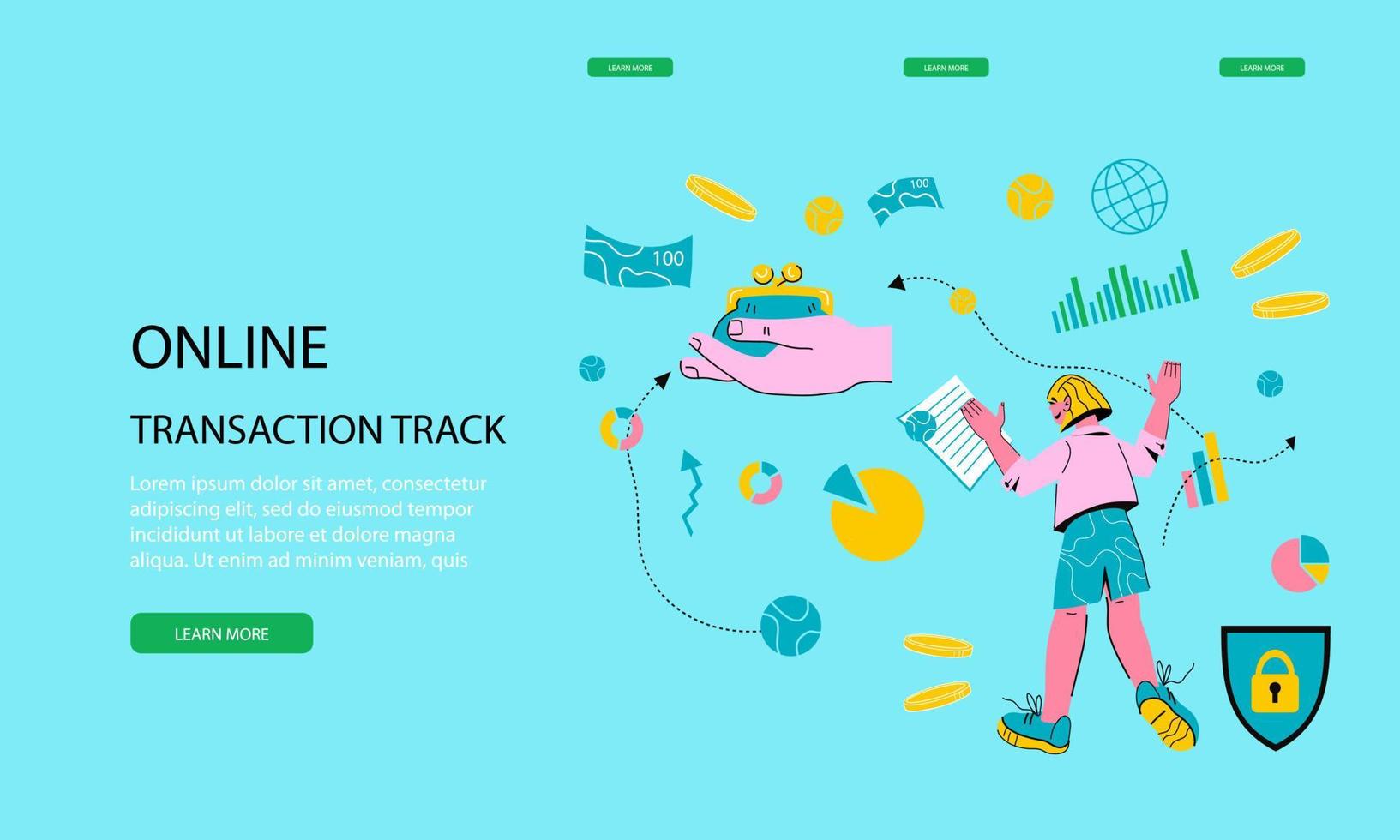 Financial transaction and money transfer online tracking app web page template. Internet payment and money transfer service concept with character of business woman . Cartoon vector illustration.