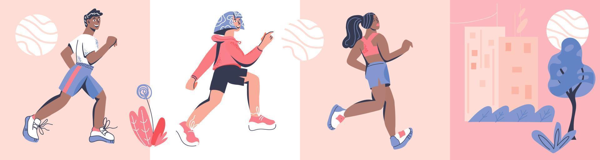 Marathon race banners or cards set with diverse running men and women and cityscape. Marathon or sprint sport event competition advert for healthy lifestyle concept. Flat cartoon vector illustration.